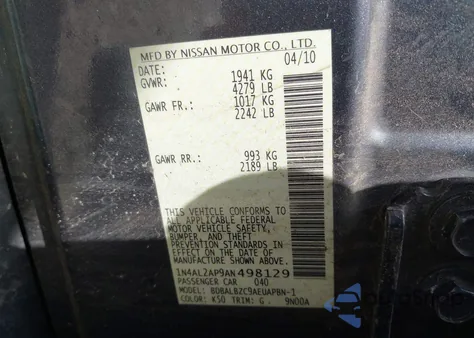 2010 Nissan Altima 2.5 S z USA, uszkodzony, nr VIN 1N4AL2AP9AN498129